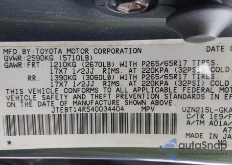 2004 Toyota 4Runner Sr5 Sport V8 из США, поврежденный, VIN JTEBT14R540034404